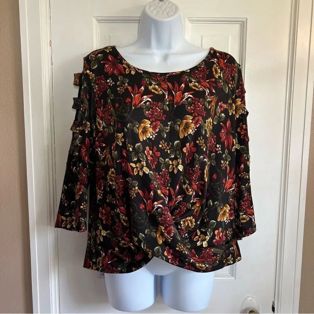 by & by Black Floral Blouse with Red and Yellow Accents